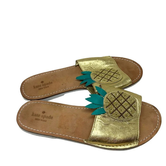 Kate Spade Ibis Embroidered Pineapple Slide Sandals In Gold Size US 9 - Picture 5 of 7